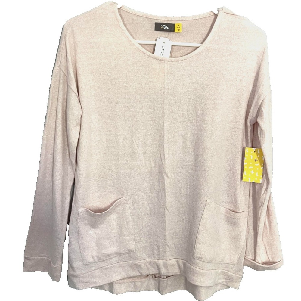 Rumi + Ryder Sweater Womens 12-14 Long Sleeve Light Pink Brushed Pocket Top NWT